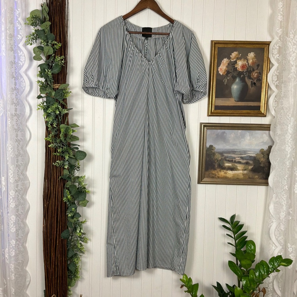 Alex Marie Midi Dress Womens Medium Blue Striped Excellent V-Neck Puff Sleeve